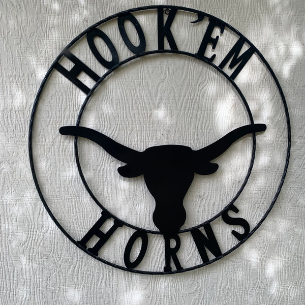 HOOKEM HORNS GLOSSY BLACK TEXAS LONGHORNS HOOK EM METAL CUSTOM VINTAGE CRAFT WALL ART TEAM SIGN HANDMADE