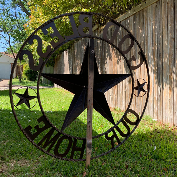 24", 32", 40" GOD BLESS OUR HOME LICENSE PLATE BARN METAL STAR ROPE RING WALL ART WESTERN HOME DECOR RED WHITE & BLUE