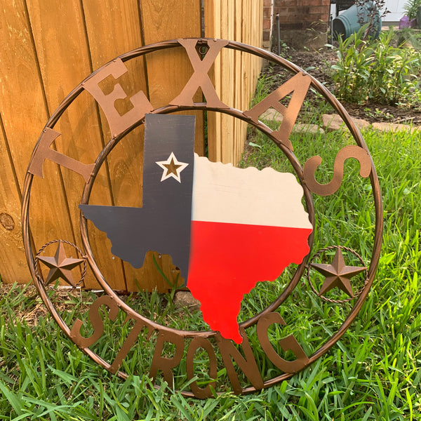 24" TEXAS STRONG BARN METAL WALL ART SIGN WESTERN HOME DECOR RED WHITE BLUE HANDMADE
