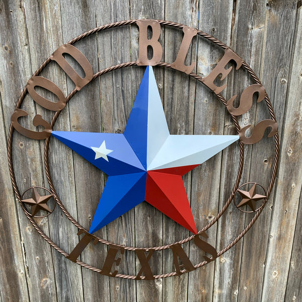 GOD BLESS TEXAS RED WHITE BLUE BARN METAL STAR BRONZE TWISTED ROPE RING WALL ART WESTERN HOME DECOR HANDMADE