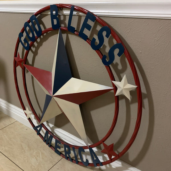 #EH10489 GOD BLESS AMERICA USA FLAG BARN STAR METAL RED WHITE BLUE WESTER HOME DECOR HANDMADE NEW