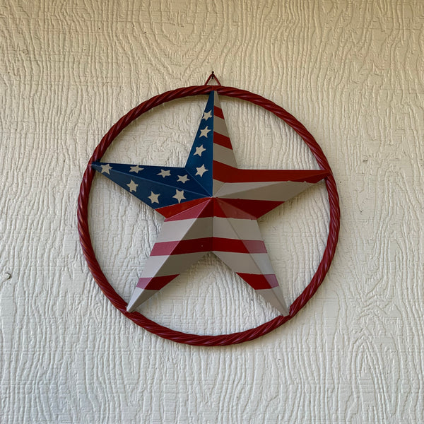 AMERICAN Flag USA Metal Barn Star RED , BEIGE, NAVY BLUE WITH RED Rope Ring Western Home Decor Handmade 12",16",24",30",34",36",40",48"