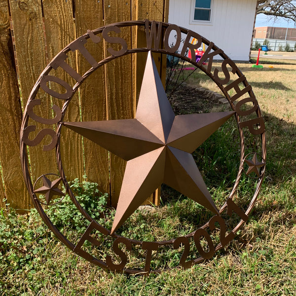 YOUR CUSTOM WORKSHOP NAME STAR METAL BARN STAR ROPE RING WESTERN HOME DECOR VINTAGE RUSTIC BROWN NEW HANDMADE 24",32",36",40",42",44",46",50"