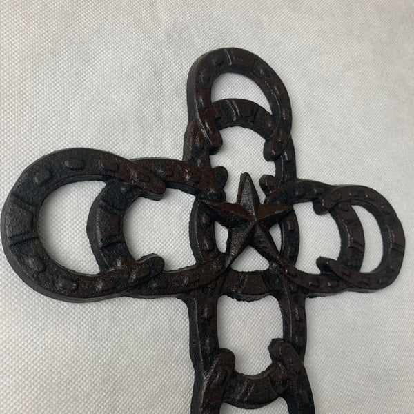 Si56369 HORSESHOES Western Cross Cast Iron Texas Star Rustic Dark Brown Wall Home Decor 10 ½ x 8 ½ inches #56369