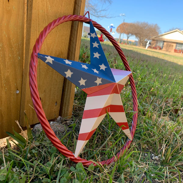 AMERICAN Flag USA Metal Barn Star RED , BEIGE, NAVY BLUE WITH RED Rope Ring Western Home Decor Handmade 12",16",24",30",34",36",40",48"