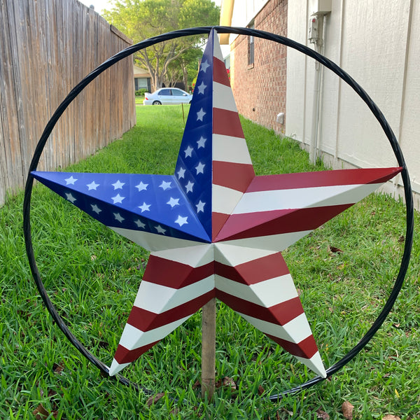 AMERICAN Flag USA Metal Barn Star RED WHITE & BLUE with Black Rope Ring Western Home Decor Handmade 12",16",24",30",34",36",40",48"