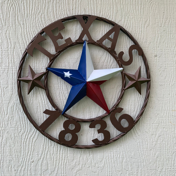 16" TEXAS 1836 RED WHITE BLUE TEXAS FLAG STAR BRONZE RING METAL BARN STAR WESTERN HOME DECOR HANDMADE NEW ART