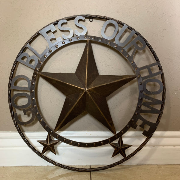 24" GOD BLESS OUR HOME BEADED BARN STAR WITH TWISTED ROPE RING DESIGN METAL WALL ART WESTERN HOME DECOR VINTAGE RUSTIC DARK BRONZE COPPER NEW