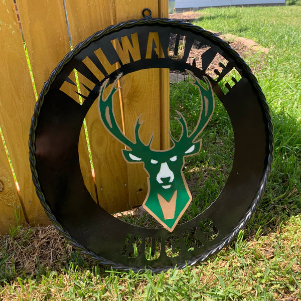 24" MILWAUKEE BUCKS WIDE BAND DISC STYLE METAL CUSTOM VINTAGE CRAFT TEAM SPORTS SIGN HANDMADE