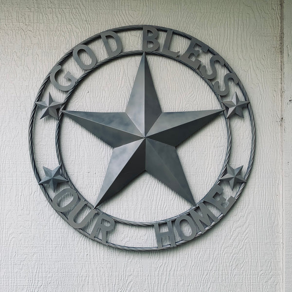 36" GOD BLESS OUR HOME RUSTIC BEIGE BARN METAL STAR ROPE RING WALL ART WESTERN HOME DECOR--FREE SHIPPING
