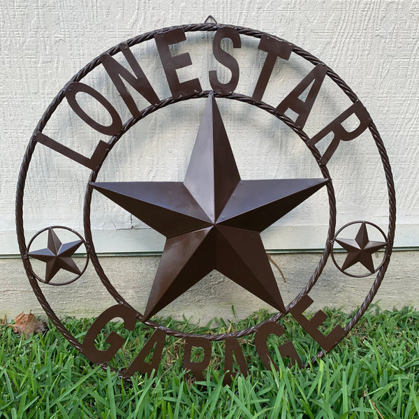 LONESTAR GARAGE STYLE CUSTOM BARN NAME STAR LONESTAR GARAGE METAL NAME BARN STAR WITH TWISTED ROPE RING 3d STAR ART WESTERN HOME DECOR RUSTIC BROWN