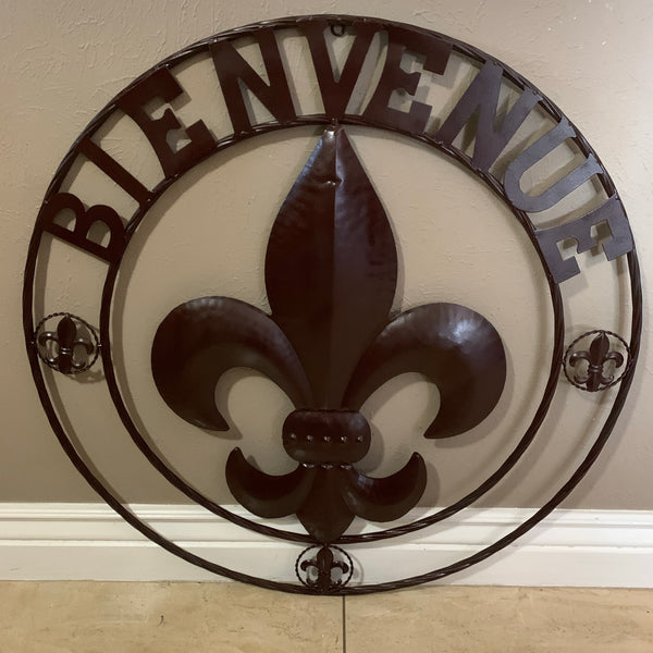 24", 32" FLEUR DE LIS BIENVENUE METAL WALL ART WESTERN HOME DECOR RUSTIC BROWN NEW