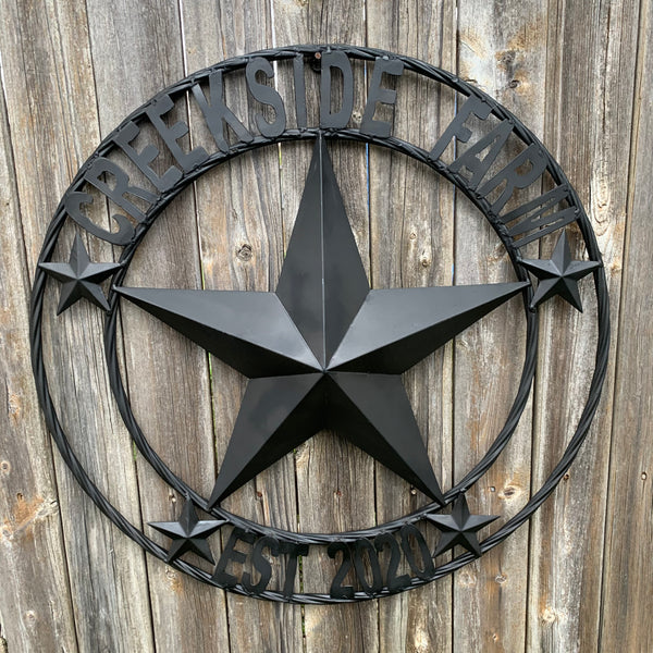 CREEKSIDE FARM STYLE YOUR CUSTOM NAME BARN BLACK STAR 3d WITH TWISTED ROPE RING DESIGN METAL WALL ART WESTERN HOME DECOR NEW HANDMADE, 24", 32", 36", 40", 44", 46", 50"