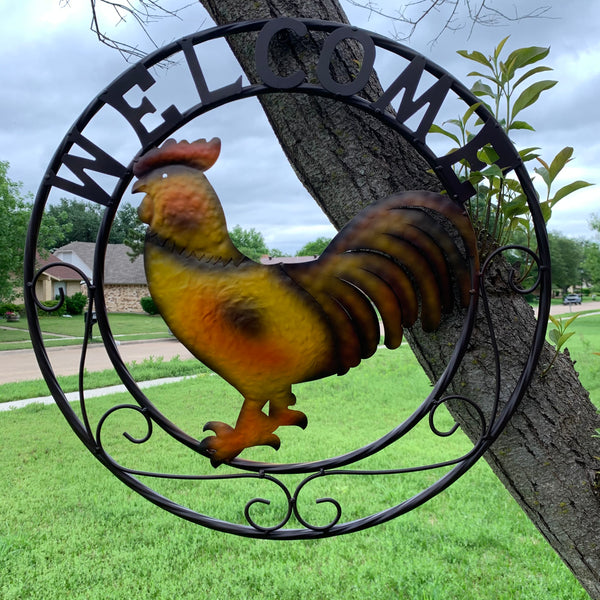 WELCOME 24" ROOSTER & METAL SCROLL STYLE WESTERN HOME DECOR HANDMADE NEW-#EH10143