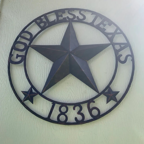 24",32" 1836 GOD BLESS TEXAS 1836 BARN METAL STAR TWISTED ROPE RING WESTERN HOME DECOR RUSTIC BRONZE NEW