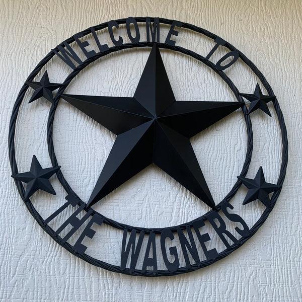 CREEKSIDE FARM STYLE YOUR CUSTOM NAME BARN BLACK STAR 3d WITH TWISTED ROPE RING DESIGN METAL WALL ART WESTERN HOME DECOR NEW HANDMADE, 24", 32", 36", 40", 44", 46", 50"