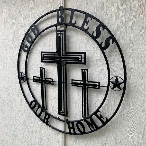 40"GOD BLESS OUR HOME CRUCIFIX CROSS METAL WALL ART BLACK HANDMADE NEW