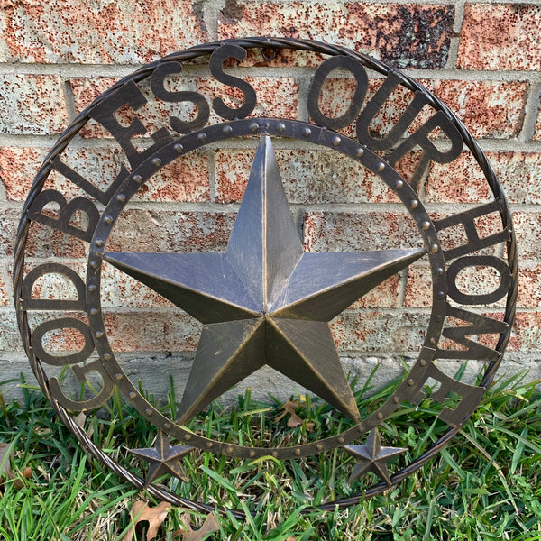 24" GOD BLESS OUR HOME BEADED BARN STAR WITH TWISTED ROPE RING DESIGN METAL WALL ART WESTERN HOME DECOR VINTAGE RUSTIC DARK BRONZE COPPER NEW