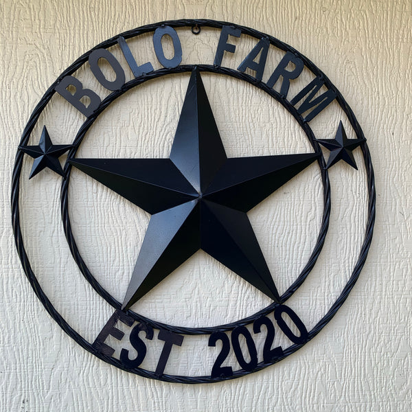 CREEKSIDE FARM STYLE YOUR CUSTOM NAME BARN BLACK STAR 3d WITH TWISTED ROPE RING DESIGN METAL WALL ART WESTERN HOME DECOR NEW HANDMADE, 24", 32", 36", 40", 44", 46", 50"