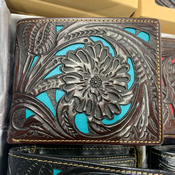 LG 4.25" x 3.75" BROWN & BLUE MEN'S WALLET GENUINE LEATHER BIFOLD WESTERN STYLE WALLET NEW-- FREE SHIPPING