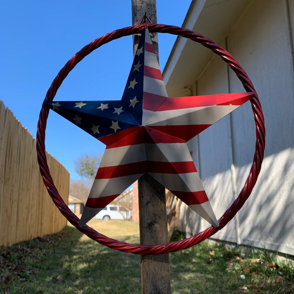 AMERICAN Flag USA Metal Barn Star RED , BEIGE, NAVY BLUE WITH RED Rope Ring Western Home Decor Handmade 12",16",24",30",34",36",40",48"