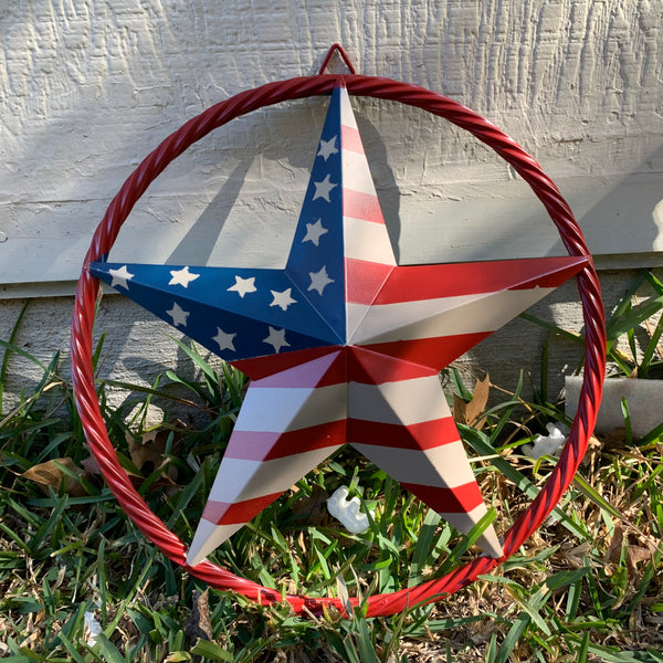 AMERICAN Flag USA Metal Barn Star RED , BEIGE, NAVY BLUE WITH RED Rope Ring Western Home Decor Handmade 12",16",24",30",34",36",40",48"