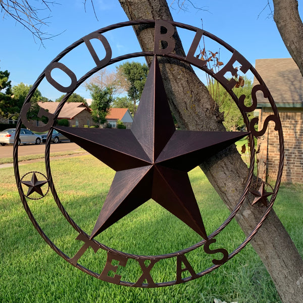 #EH10197 GOD BLESS TEXAS BARN STAR METAL LONESTAR TWISTED ROPE RING WESTERN HOME DECOR HANDMADE NEW