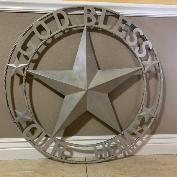 36" GOD BLESS OUR HOME RUSTIC BEIGE BARN METAL STAR ROPE RING WALL ART WESTERN HOME DECOR--FREE SHIPPING