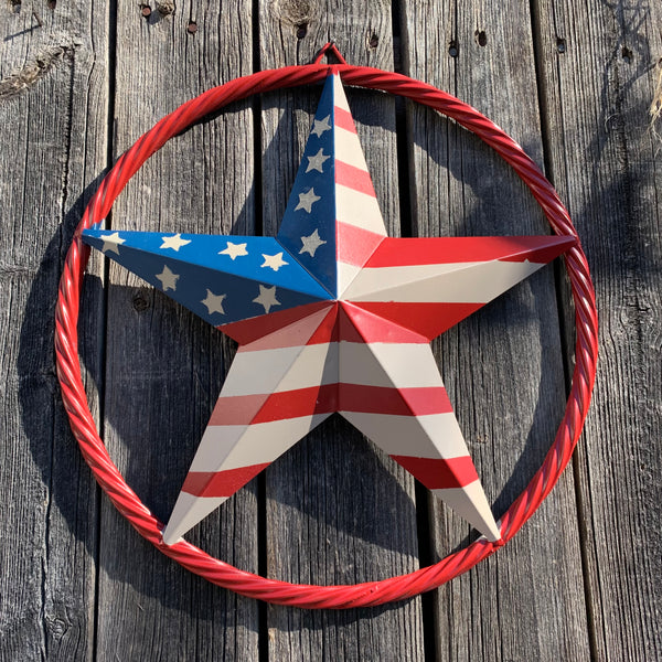 AMERICAN Flag USA Metal Barn Star RED , BEIGE, NAVY BLUE WITH RED Rope Ring Western Home Decor Handmade 12",16",24",30",34",36",40",48"