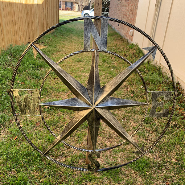 36" COMPASS GREY METAL ART WESTERN METAL ART HOME WALL DECOR RUSTIC GREY