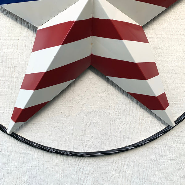 AMERICAN Flag USA Metal Barn Star RED WHITE & BLUE with Black Rope Ring Western Home Decor Handmade 12",16",24",30",34",36",40",48"