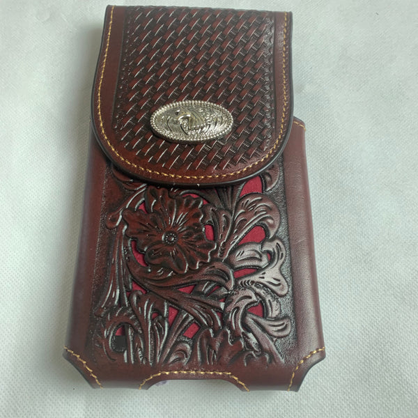 #LG2004  7.5" HORSE COFFEE BROWN & RED LEATHER POUCH EXTRA LARGE  BELT LOOP HOLSTER CELL PHONE CASE UNIVERSAL OVERSIZE