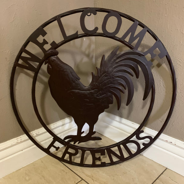 24" WELCOME FRIENDS ROOSTER WESTERN METAL ANIMAL ART HOME WALL ART RUSTIC BROWN COLOR