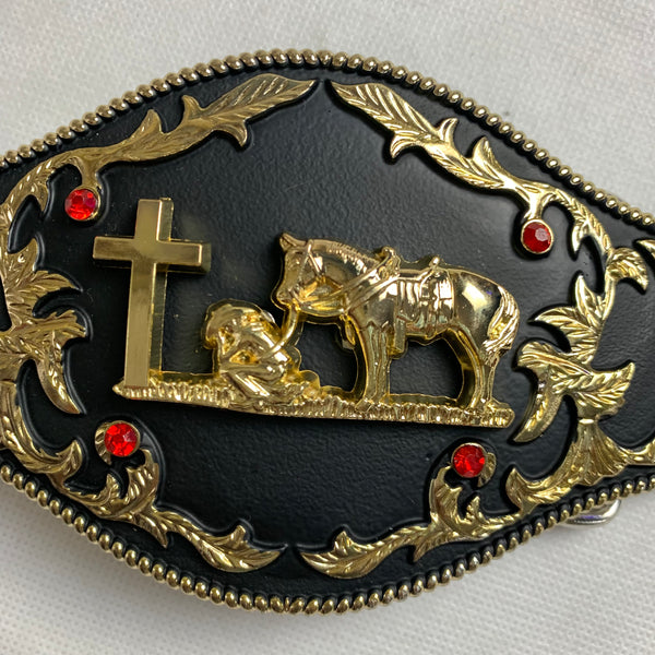 6.5" X 3.5" COWBOY PRAYER CHURCH RHINESTONE BELT BUCKLE BLACK & GOLD WESTERN BUCKLE FASHION ART NEW #EH12272