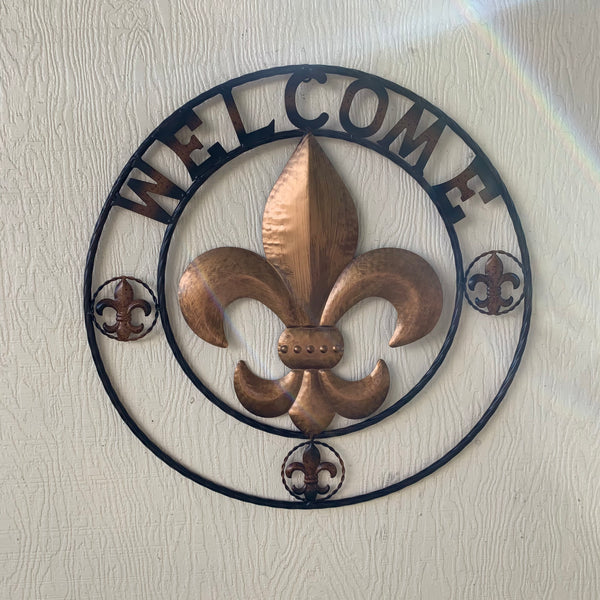 24", 32" WELCOME FLEUR DE LIS METAL WALL ART WESTERN HOME DECOR GOLD & BLACK