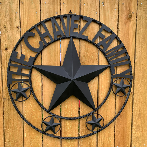 CHAVEZ STYLE CUSTOM FAMILY NAME STAR BLACK STEEL METAL BARN STAR ROPE RING WESTERN HOME DECOR VINTAGE NEW HANDMADE 24",32",34",36",40",42",44",46",50"
