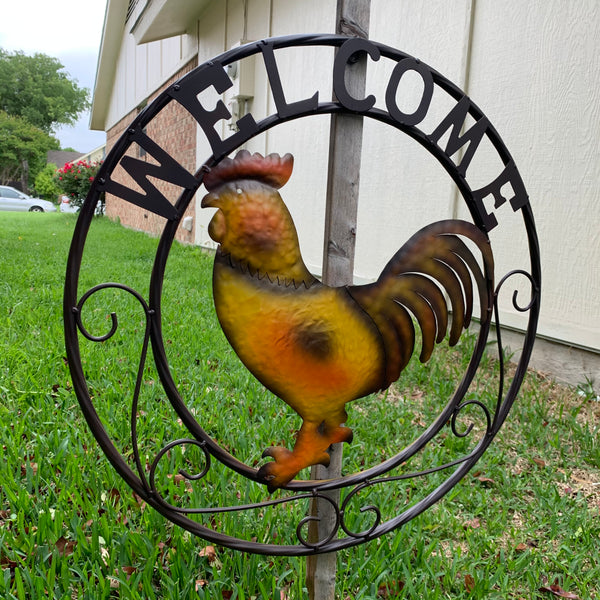 WELCOME 24" ROOSTER & METAL SCROLL STYLE WESTERN HOME DECOR HANDMADE NEW-#EH10143