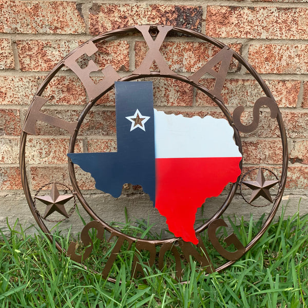 24" TEXAS STRONG BARN METAL WALL ART SIGN WESTERN HOME DECOR RED WHITE BLUE HANDMADE