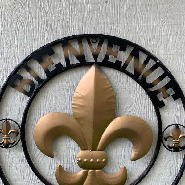 BIENVENUE FLEUR DE LIS METAL WALL ART WESTERN HOME DECOR RUSTIC GOLD & BLACK NEW--FREE SHIPPING