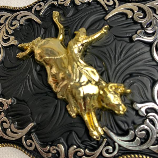 4.5" X 3.5" RODEO BELT BUCKLE BLACK SILVER & GOLD WESTERN BUCKLE FASHION ART NEW #EH12269