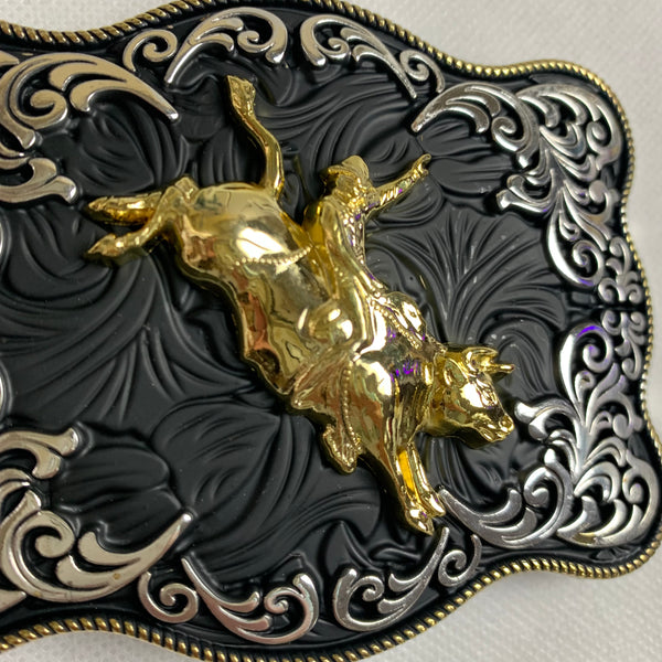 4.5" X 3.5" RODEO BELT BUCKLE BLACK SILVER & GOLD WESTERN BUCKLE FASHION ART NEW #EH12269