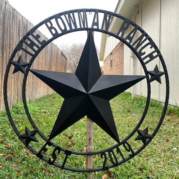 CREEKSIDE FARM STYLE YOUR CUSTOM NAME BARN BLACK STAR 3d WITH TWISTED ROPE RING DESIGN METAL WALL ART WESTERN HOME DECOR NEW HANDMADE, 24", 32", 36", 40", 44", 46", 50"