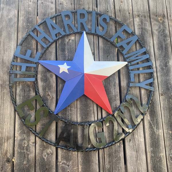 HARRIS STYLE YOUR CUSTOM NAME STAR METAL BARN 3d RED WHITE BLUE WITH TWISTED ROPE RING DESIGN METAL WALL ART WESTERN HOME DECOR VINTAGE RUSTIC NEW HANDMADE, 24",32",34",36",40",42",44", 46",48",50"