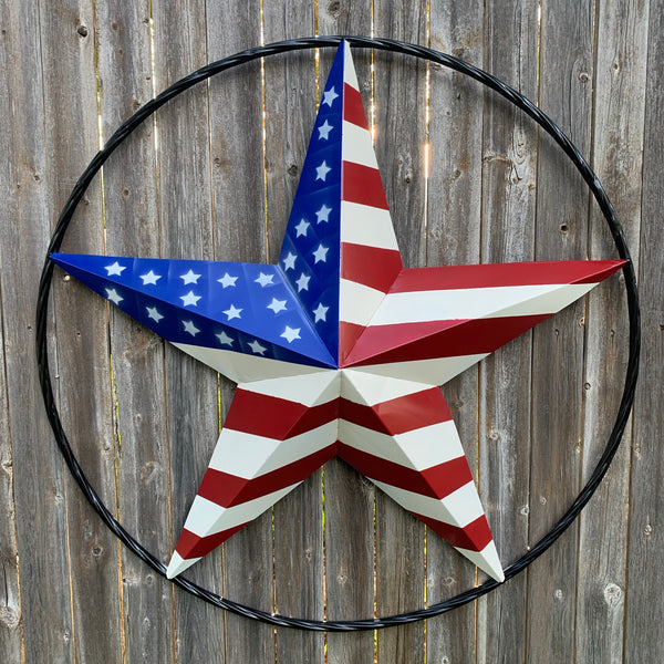 AMERICAN Flag USA Metal Barn Star RED WHITE & BLUE with Black Rope Ring Western Home Decor Handmade 12",16",24",30",34",36",40",48"