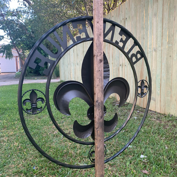24", 32" GLOSSY HUNTER GREEN FLEUR DE LIS BIENVENUE METAL WALL ART WESTERN HOME DECOR