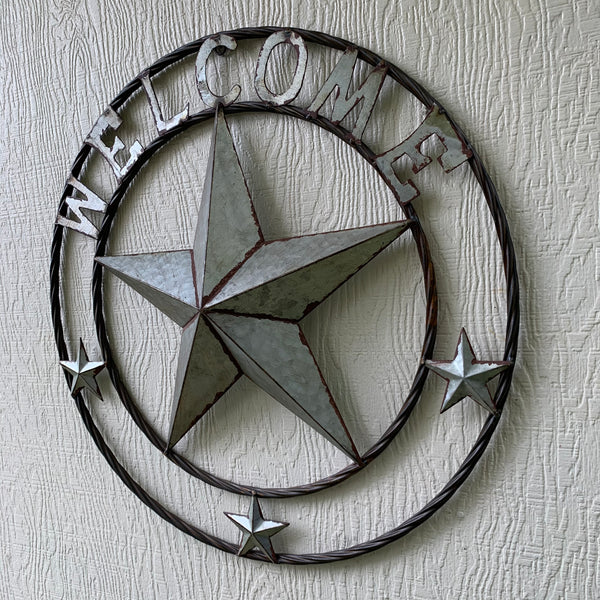 #RT6160 WELCOME GALV 24" METAL BARN STAR TWISTED RING WESTERN HOME DECOR HANDMADE NEW