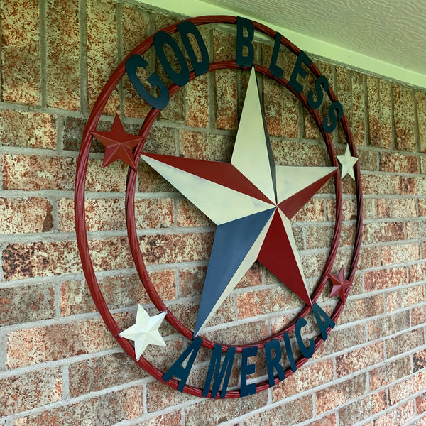 #EH10489 GOD BLESS AMERICA USA FLAG BARN STAR METAL RED WHITE BLUE WESTER HOME DECOR HANDMADE NEW