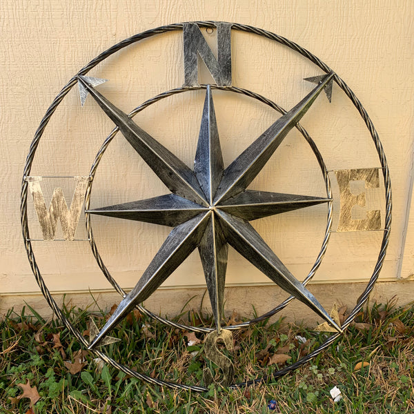 36" COMPASS GREY METAL ART WESTERN METAL ART HOME WALL DECOR RUSTIC GREY