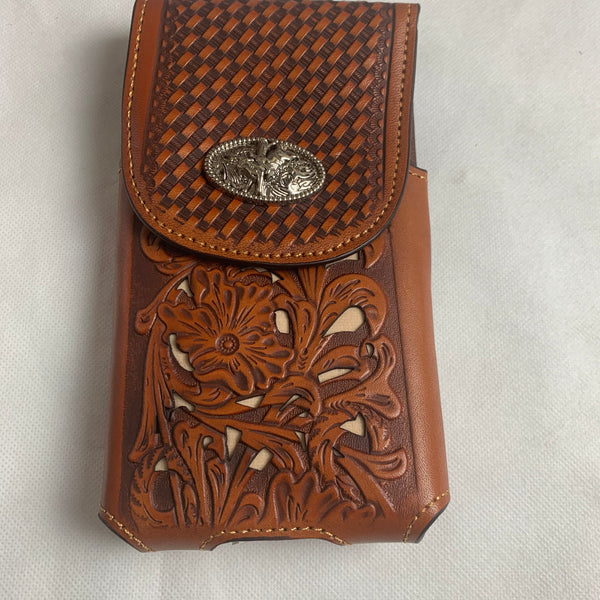 #LG2003 7.5" RODEO TAN BROWN & BEIGE LEATHER POUCH EXTRA LARGE  BELT LOOP HOLSTER CELL PHONE CASE UNIVERSAL OVERSIZE