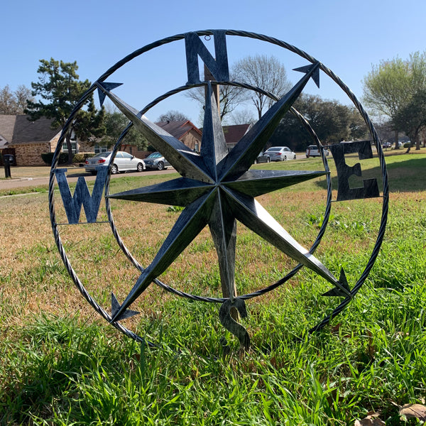 36" COMPASS GREY METAL ART WESTERN METAL ART HOME WALL DECOR RUSTIC GREY